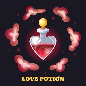 Magic potion. Love elixir bottle. Mystery red liquid. Magical drink. Glass vial Stock Illustration