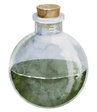 Magic Potion in a round bottle with cork. Watercolor illustration of witchcraft Stock Illustration