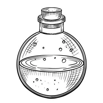 Magic Potion in a round bottle with cork. Vector illustration of witchcraft Stock Illustration