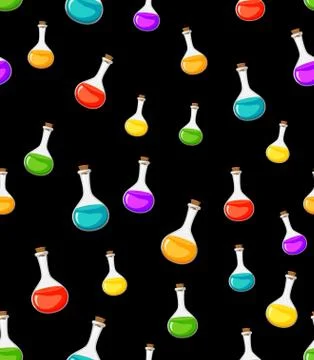 Magic potion seamless pattern for halloween. Cartoon background with liquid f Stock Illustration