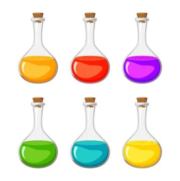 Magic potion vector collection .Elixir in glass bottle set isolated on white. Stock Illustration