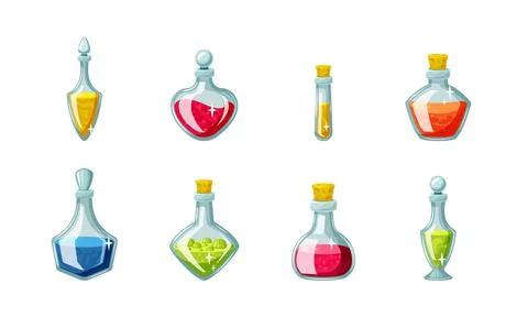 Magic potion vials set. Glass flasks with red elixir for game mechanics and Illustrazione stock
