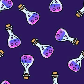 Magic potions seamless pattern for halloween decoration. Bottle jars with pur Stock Illustration