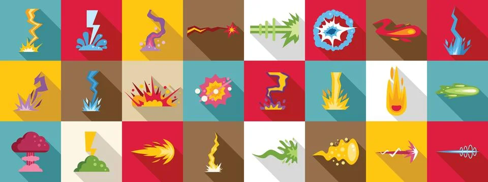 Magic power strike effect icons set. Collection of explosion and impact ico.. Stock Illustration