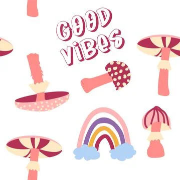 Magic psychedelic drug mushrooms, Chamomile, rainbow seamless pattern. Psyche 스톡 일러스트