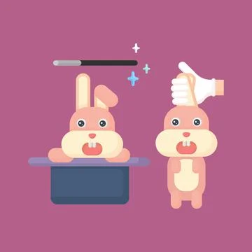 Magic rabbit out of hat kawaii flat cartoon vector illustration Stock Illustration