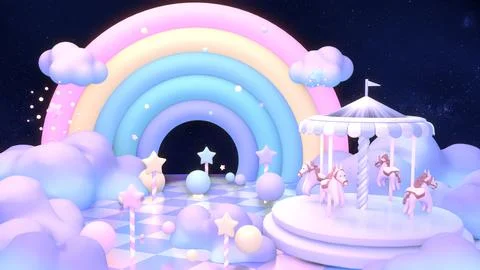 Magic rainbow land with carousel Stock Illustration