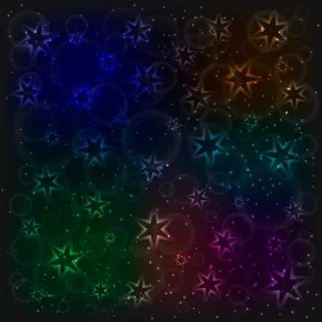 The magic rainbow pattern with glowing neon stars, bubblies and sparkling par Stock Illustration