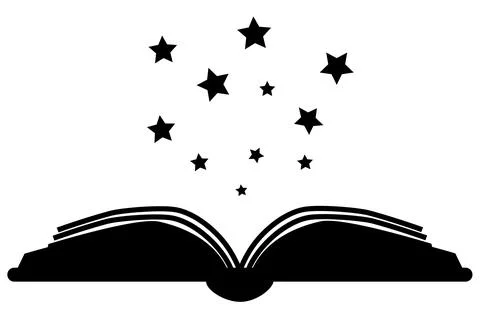 Magic reading icon. Open book with thick book cover and black soft stars Stock Illustration