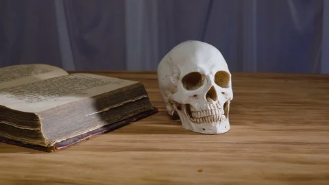 The magic rite. Ancient book and human skull. Concept for Halloween 스톡 동영상 95198265
