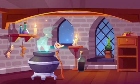 Magic room interior with cartoon witch stuff. Ilustração Stock