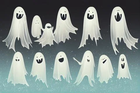 Magic scary ghosts with different emotions and face expressions. Stock Illustration