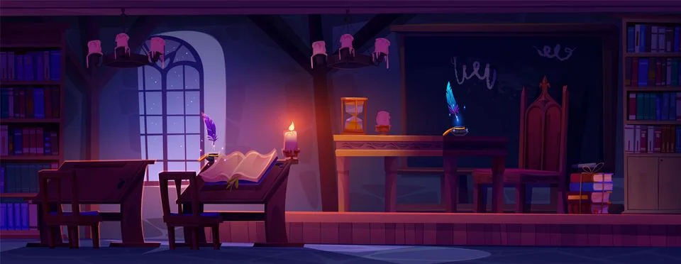 Magic school classroom interior at night Stock Illustration