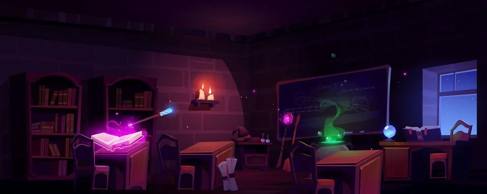 Magic school classroom at night Stock Illustration