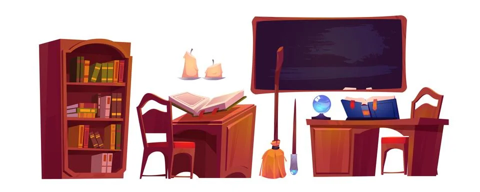 Magic school interior with open book of spell Stock Illustration