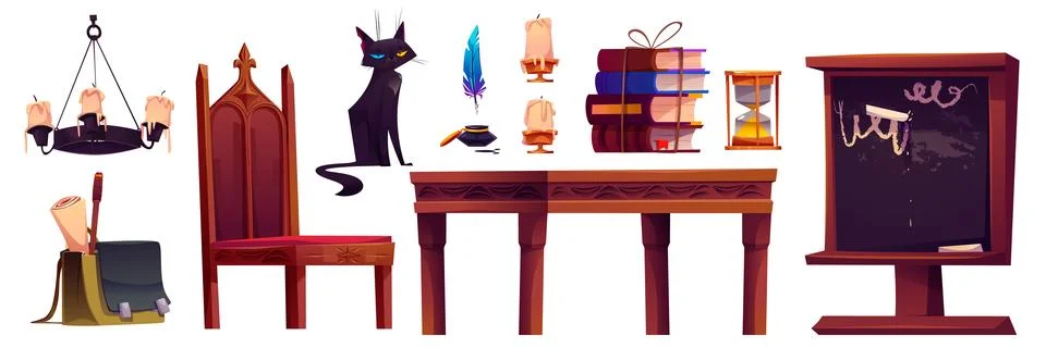 Magic school room with wizard book cartoon game Stock Illustration