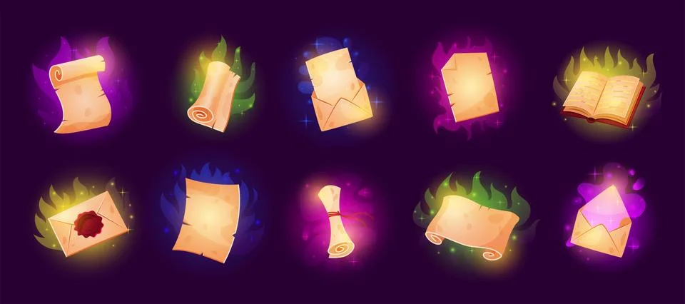 Magic scroll. Book page. Game icon. Cartoon paper letter. Message in envelope Stock Illustration