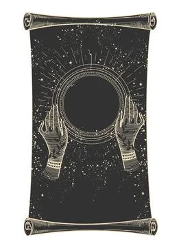 Magic scroll for halloween, hands hold a crystal ball of predictions. Black s Stock-Illustration