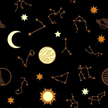 Magic seamless pattern with constellations, sun, moon, magic eyes, clouds a.. Stock Illustration