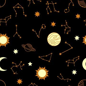 Magic seamless pattern with constellations, sun, moon, magic eyes, clouds a.. イラスト素材