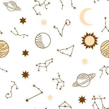 Magic seamless pattern with constellations, sun, moon, magic eyes, clouds a.. Stock Illustration