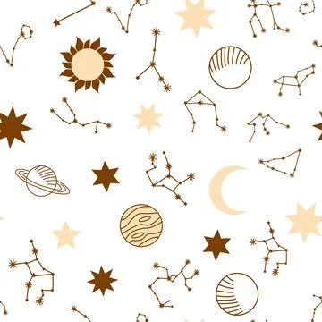 Magic seamless pattern with constellations, sun, moon, magic eyes, clouds a.. Stock Illustration