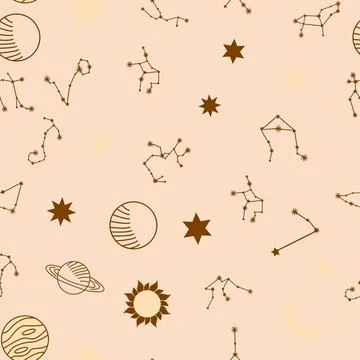 Magic seamless pattern with constellations, sun, moon, magic eyes, clouds a.. Stock Illustration