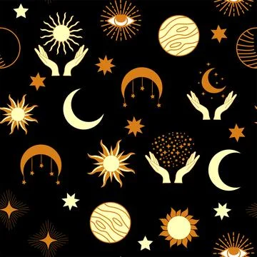 Magic seamless pattern with constellations, sun, moon, magic eyes, clouds a.. Stockillustratie