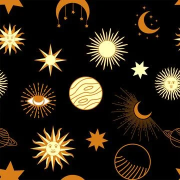 Magic seamless pattern with constellations, sun, moon, magic eyes, clouds and Stock Illustration