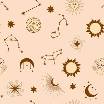 Magic seamless pattern with constellations, sun, moon, magic eyes, clouds a.. Stockillustratie