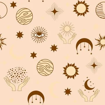 Magic seamless pattern with constellations, sun, moon, magic eyes, clouds a.. Stock Illustration
