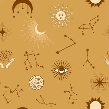 Magic seamless pattern with constellations, sun, moon, magic eyes, clouds and Stock Illustration