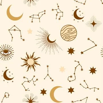Magic seamless pattern with constellations, sun, moon, magic eyes, clouds a.. Stock Illustration