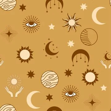 Magic seamless pattern with constellations, sun, moon, magic eyes, clouds and Stock Illustration