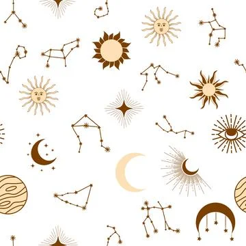 Magic seamless pattern with constellations, sun, moon, magic eyes, clouds a.. Stock Illustration