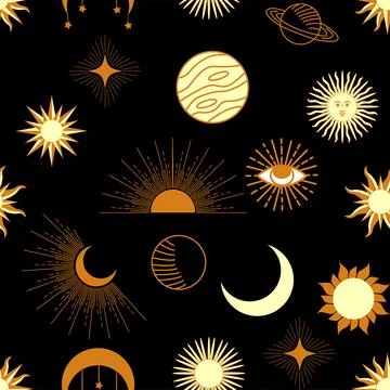 Magic seamless pattern with constellations, sun, moon, magic eyes, clouds and Stock Illustration