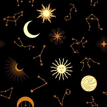 Magic seamless pattern with constellations, sun, moon, magic eyes, clouds a.. Stockillustratie