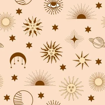 Magic seamless pattern with constellations, sun, moon, magic eyes, clouds a.. Stock Illustration
