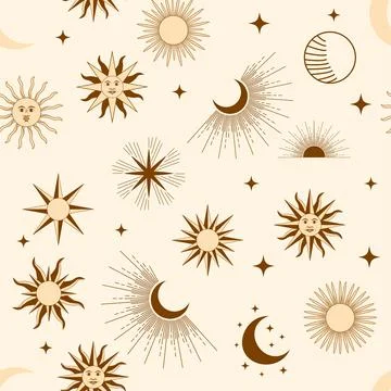 Magic seamless pattern with constellations, sun, moon, magic eyes, clouds a.. Stock Illustration