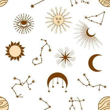 Magic seamless pattern with constellations, sun, moon, magic eyes, clouds a.. イラスト素材