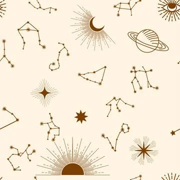 Magic seamless pattern with constellations, sun, moon, magic eyes, clouds and Illustrazione stock