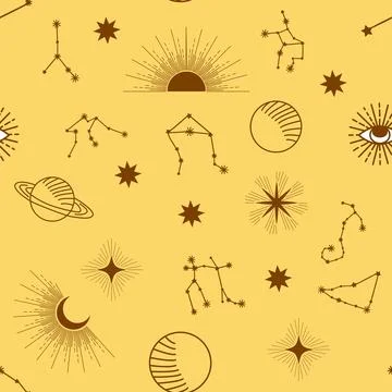 Magic seamless pattern with constellations, sun, moon, magic eyes, clouds and Stockillustratie