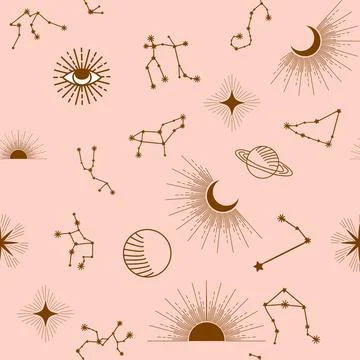 Magic seamless pattern with constellations, sun, moon, magic eyes, clouds and Stock Illustration
