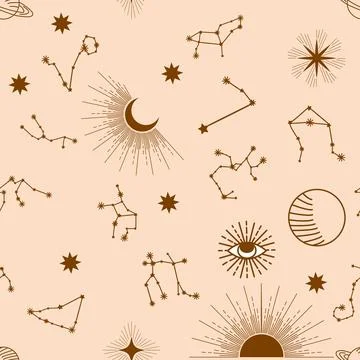 Magic seamless pattern with constellations, sun, moon, magic eyes, clouds a.. Stock Illustration