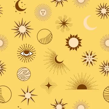 Magic seamless pattern with constellations, sun, moon, magic eyes, clouds and Stock Illustration