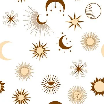 Magic seamless pattern with constellations, sun, moon, magic eyes, clouds and Stock Illustration