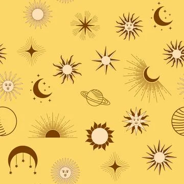 Magic seamless pattern with constellations, sun, moon, magic eyes, clouds and Stock Illustration