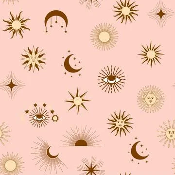 Magic seamless pattern with constellations, sun, moon, magic eyes, clouds and Stockillustratie