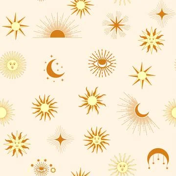 Magic seamless pattern with constellations, sun, moon, magic eyes, clouds a.. Stock Illustration