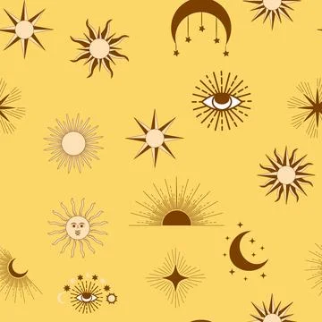 Magic seamless pattern with constellations, sun, moon, magic eyes, clouds a.. Stock Illustration